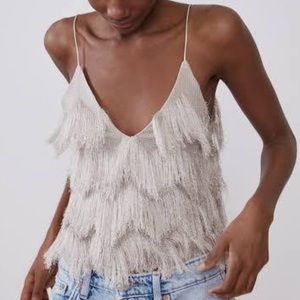 Zara Fringe Crop Beige/Taupe Large